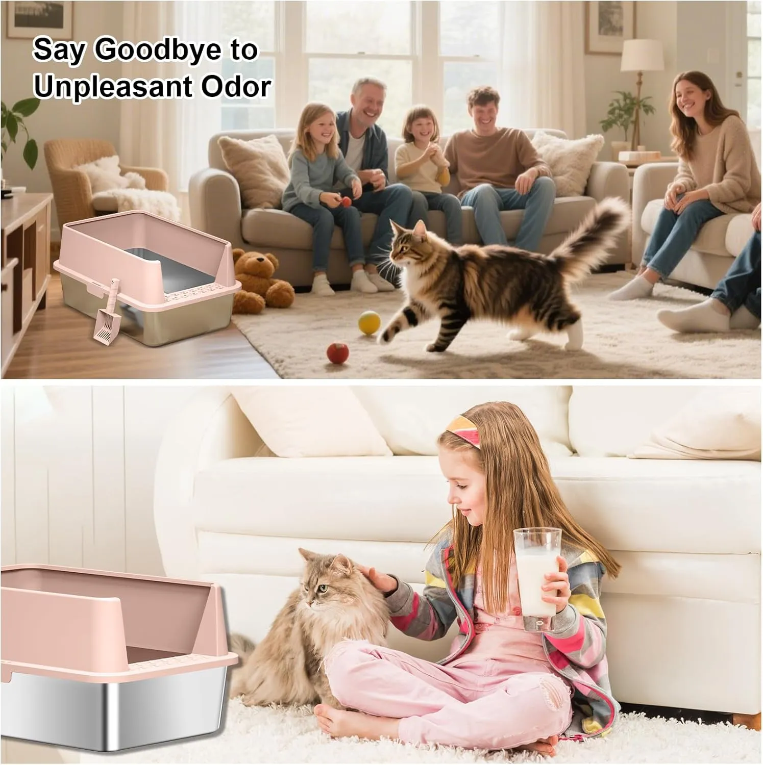 Stainless Steel Cat Litter Box with Lid XL Metal Extra Large Pink Litter Box Include Cat Litter Scoop & Mat Easy to Clean, Non-Sticky, Anti-Urine Leakage, Never Absorbs Odors (Beige Rose)