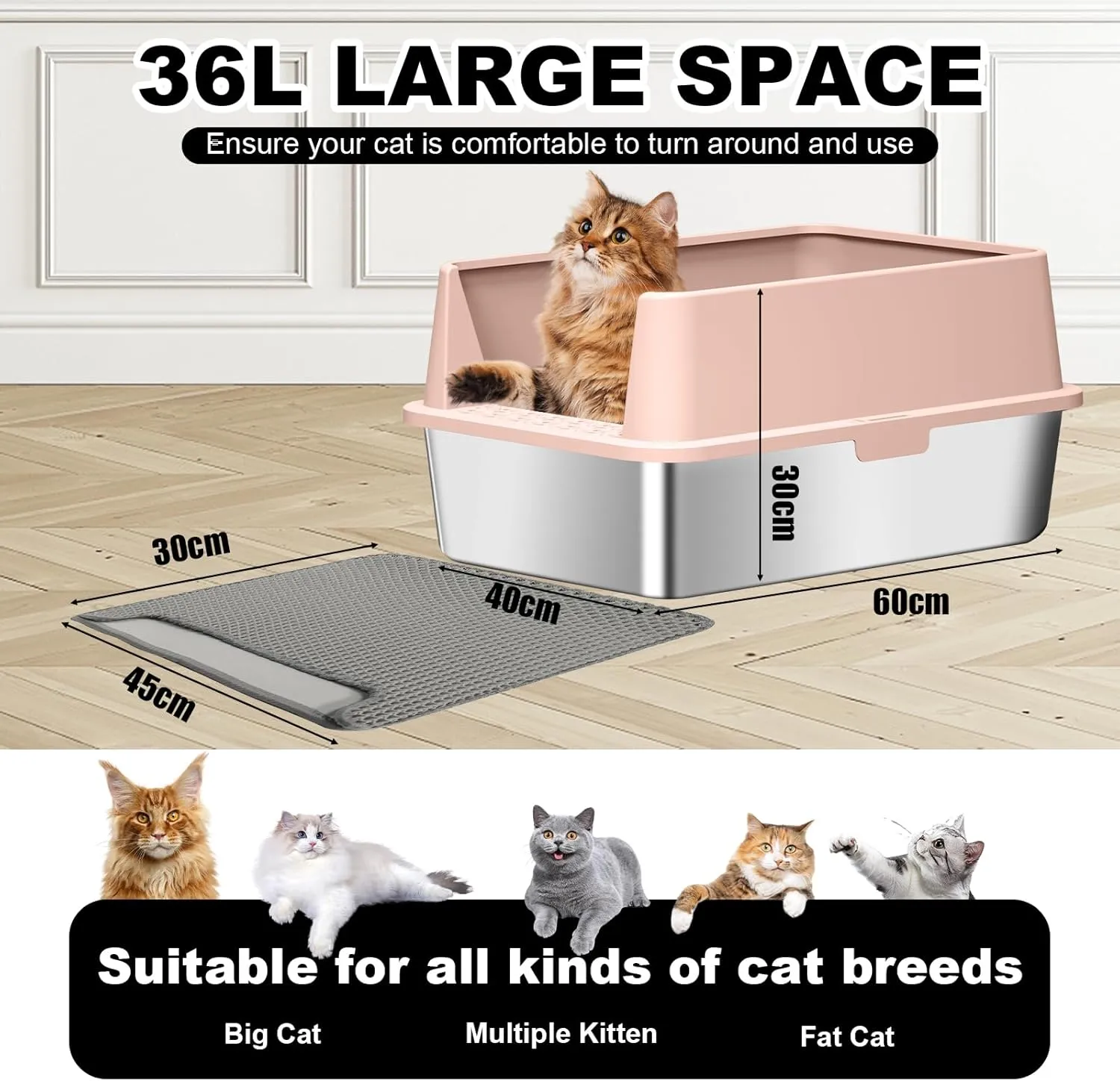 Stainless Steel Cat Litter Box with Lid XL Metal Extra Large Pink Litter Box Include Cat Litter Scoop & Mat Easy to Clean, Non-Sticky, Anti-Urine Leakage, Never Absorbs Odors (Beige Rose)