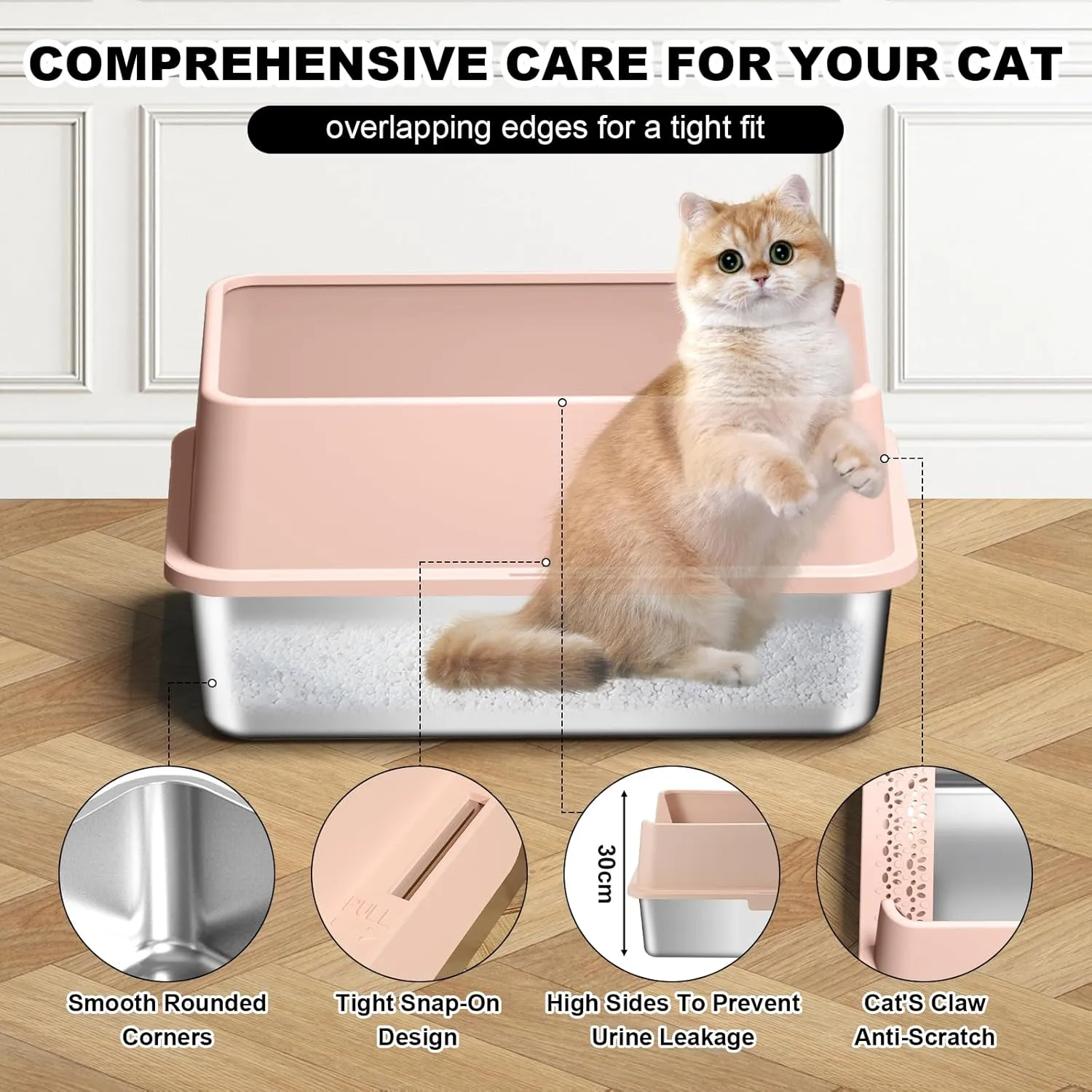 Stainless Steel Cat Litter Box with Lid XL Metal Extra Large Pink Litter Box Include Cat Litter Scoop & Mat Easy to Clean, Non-Sticky, Anti-Urine Leakage, Never Absorbs Odors (Beige Rose)