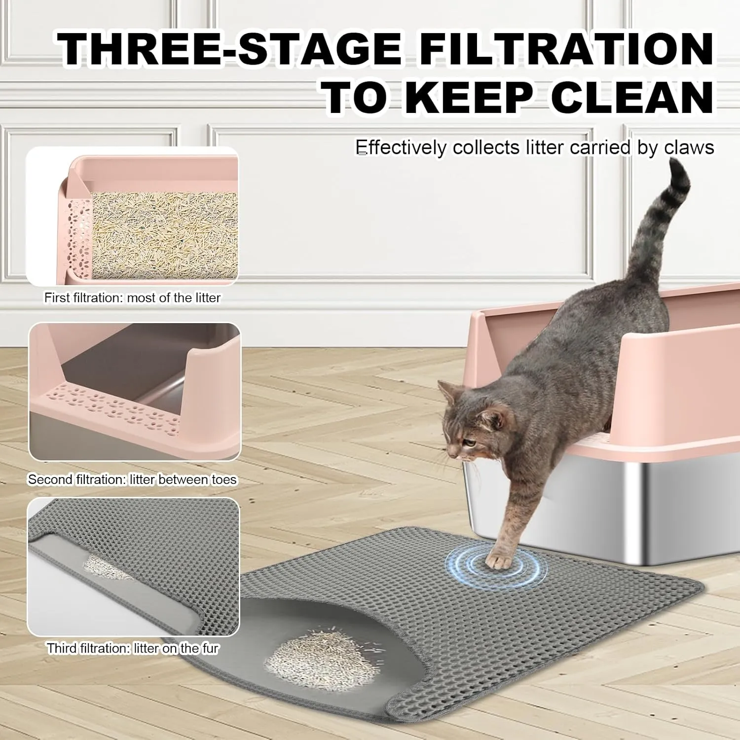 Stainless Steel Cat Litter Box with Lid XL Metal Extra Large Pink Litter Box Include Cat Litter Scoop & Mat Easy to Clean, Non-Sticky, Anti-Urine Leakage, Never Absorbs Odors (Beige Rose)