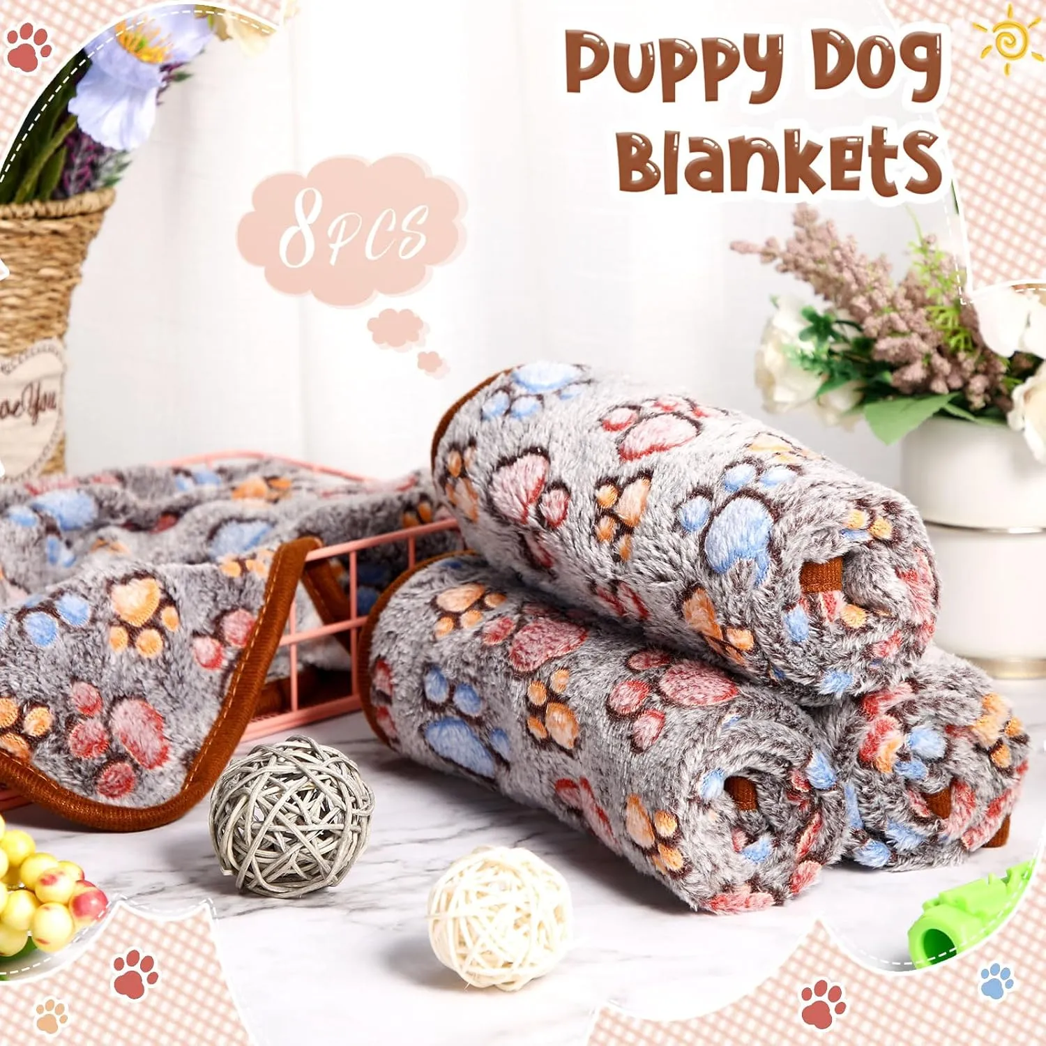 Tegeme 8 Pcs Fleece Dog Blankets for Small Dogs Cat Soft Coral Velvet Warm Sleep Mat Fluffy Dog Paw Print Blanket for Kitten Doggy Small Animal(24 x 16 Inch,Dark Gray)