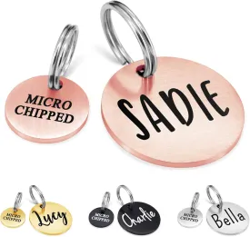 Ultra Joys Small Dog Tags Engraved for Pets - Microchipped Name Personalized Cat Small Both Sides Pet Tag Round with Small Rose Gold, Round-rose