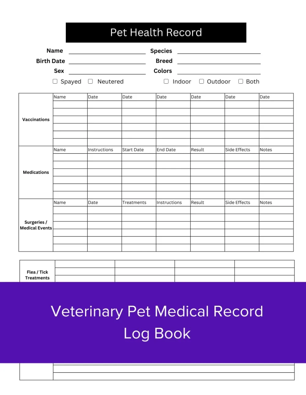 Veterinary Pet Medical Record Log Book: 30 page 2-sided 8.5x11 inch booklet of animal medical record keeping Paperback  October 3, 2024