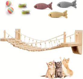 Wall-Mounted Cat Bridge with Sisal Rope Rails, Natural Wood Climbing Walkway for Indoor Cats, Space-Saving Cat Shelves & Activity Furniture (A)