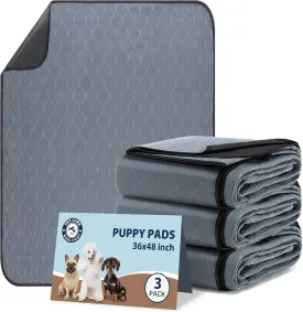 Washable Pee Pads for Dogs, 36x48 Reusable Puppy Pads with Fast Absorbent, Waterproof Reusable Pee Pads for Whelping, Traing, Incontinence and Potty, 3 Pack, Grey.